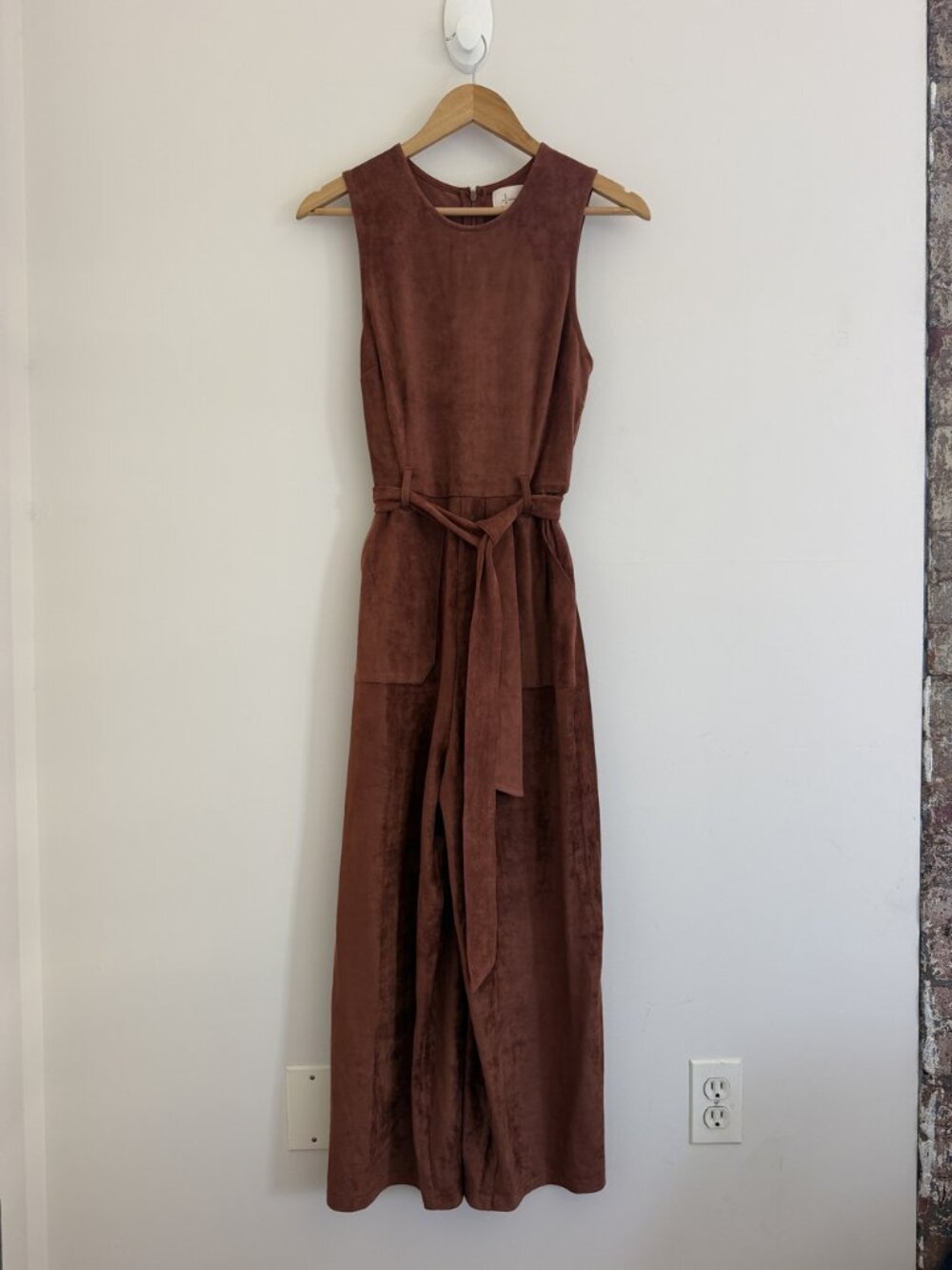 Anthropologie Microsuede Sleeveless Belted Jumpsuit Rust Brown Wide Leg Size S